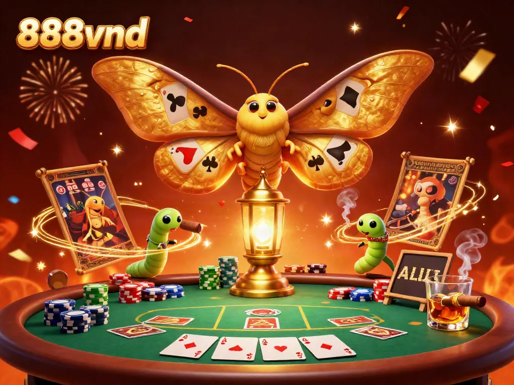 Experience thrilling gaming action with 888vnd's vibrant casino scene featuring a majestic moth and poker elements.