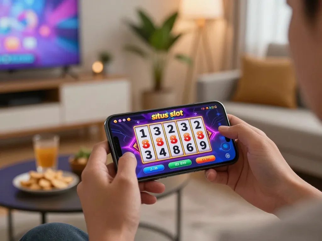 Engaging mobile gaming moment featuring situs slot gameplay on smartphone.
