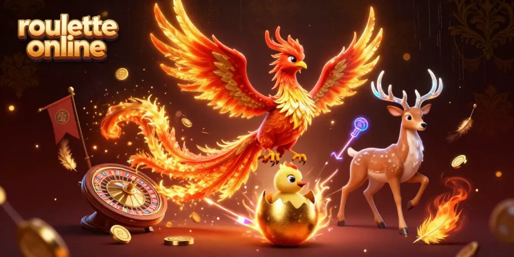 Experience the excitement of roullete online with a fiery phoenix amidst a dynamic casino atmosphere.