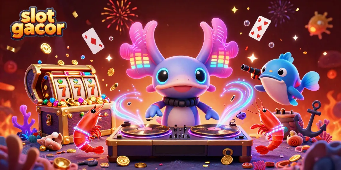 Watch exhilarating slot gacor action with a lively axolotl DJ and colorful underwater party elements.