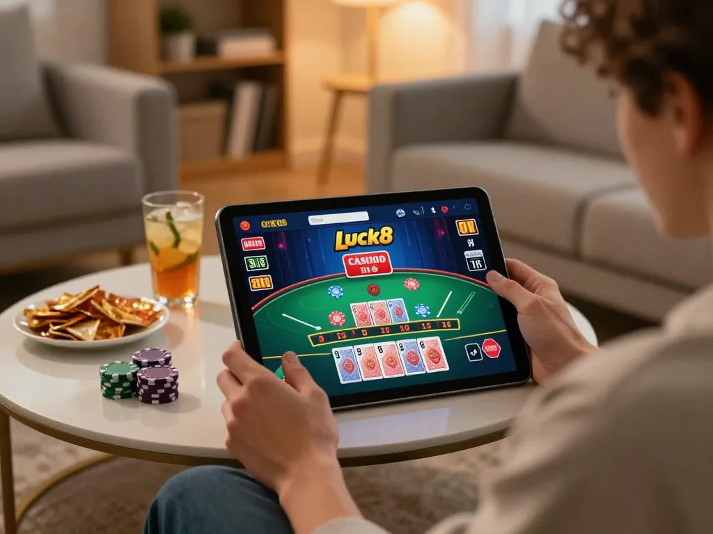 Người chơi hứng thú sử dụng ứng dụng Luck8 cho một trò chơi blackjack trực tuyến trong một không gian ấm cúng tại nhà.