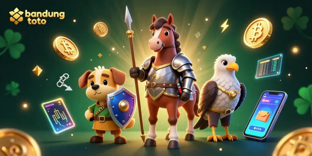 Engage with bandung toto in a vibrant 3D gaming scene featuring knights, crypto coins, and dynamic casino elements.