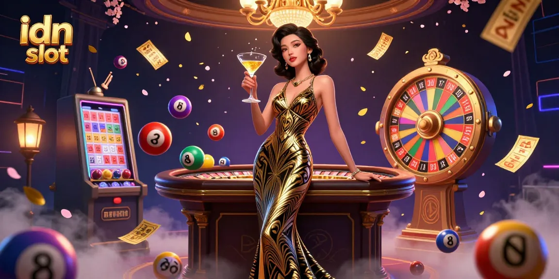 Experience the allure of idn slot with a stunning illustration of an elegant casino scene full of vibrant elements.