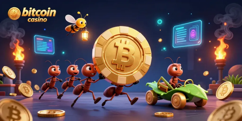 Dynamic scene showcasing a bitcoin casino heist with ants, emphasizing fun and excitement.