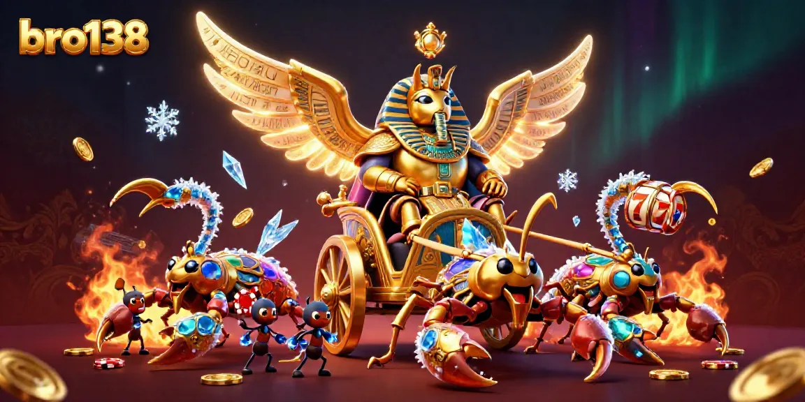 Spin and win with bro138: a vibrant casino scene featuring a golden scarab beetle among slot reels.