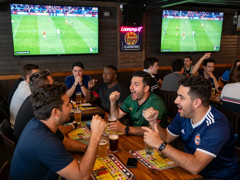 Excited fans watching live soccer on Luongsontv60 at a vibrant sports bar, capturing the thrill of sports betting.