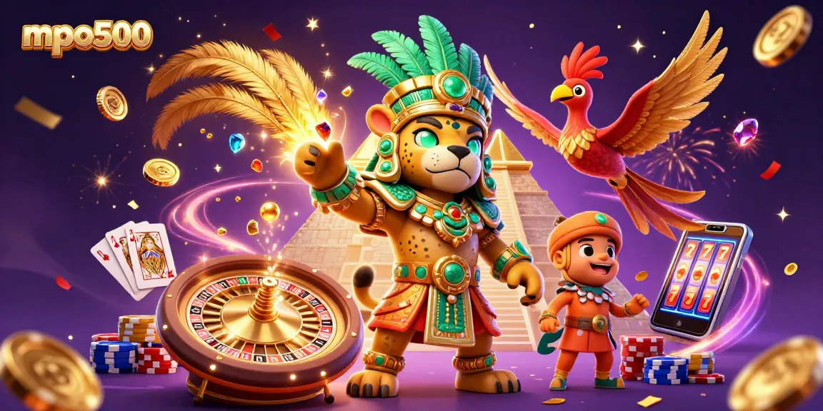 MPO500 platform showcasing a vibrant 3D casino scene with a Mayan jaguar priest and dynamic gaming elements.