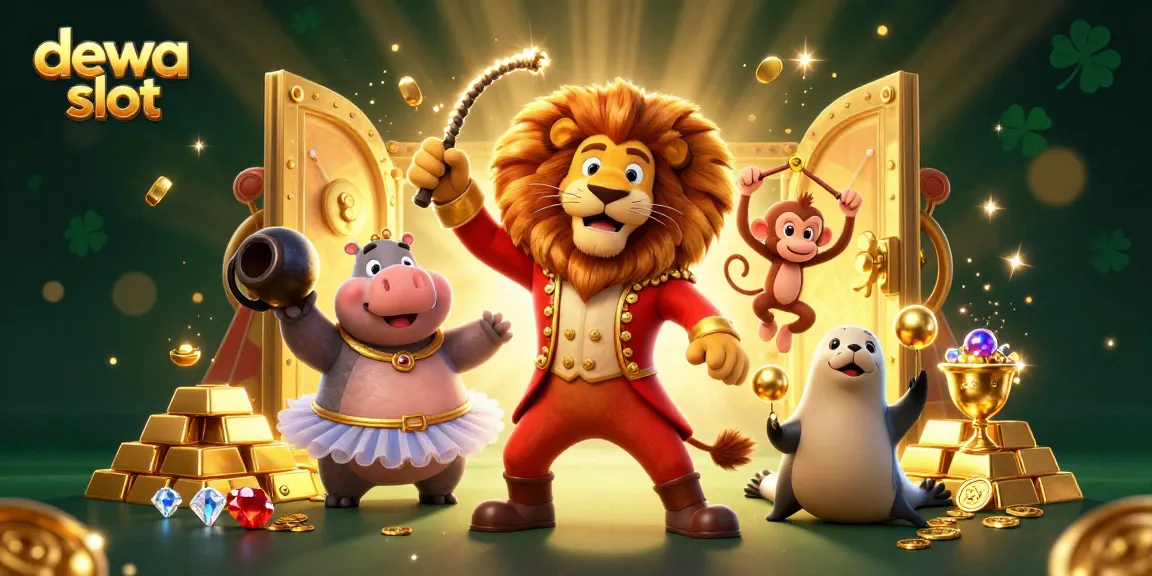 Join the fun with dewa slot in a vibrant casino setting featuring lively circus characters.