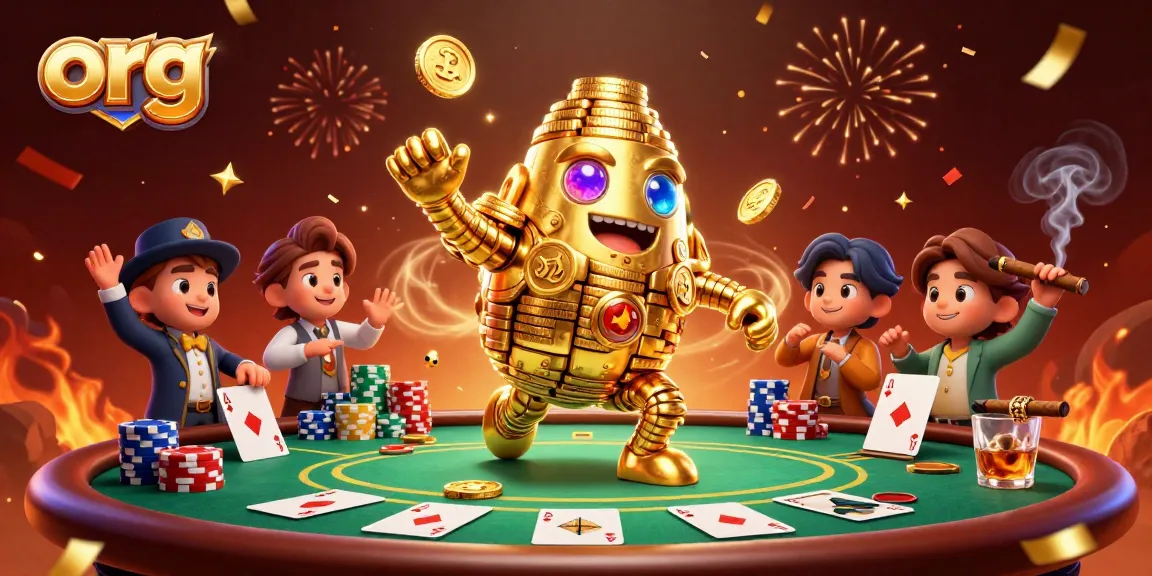 Spin to win with the org golden golem and poker elements in a vibrant casino scene.
