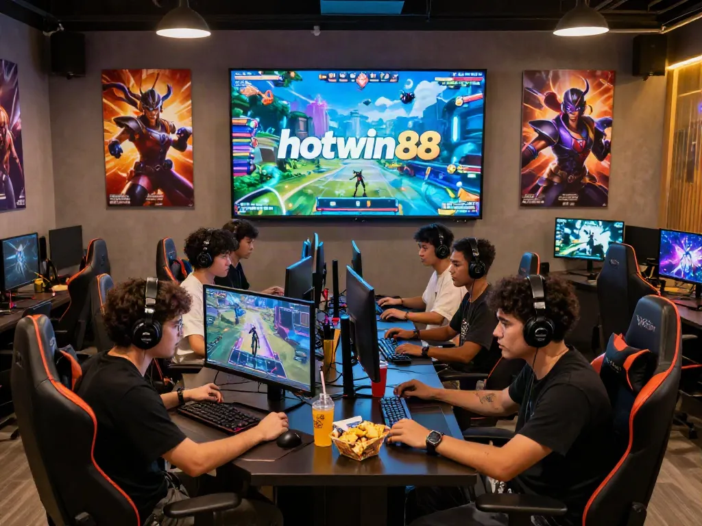 Engaged gamers experiencing hotwin88 action in a modern gaming lounge with vibrant atmosphere.