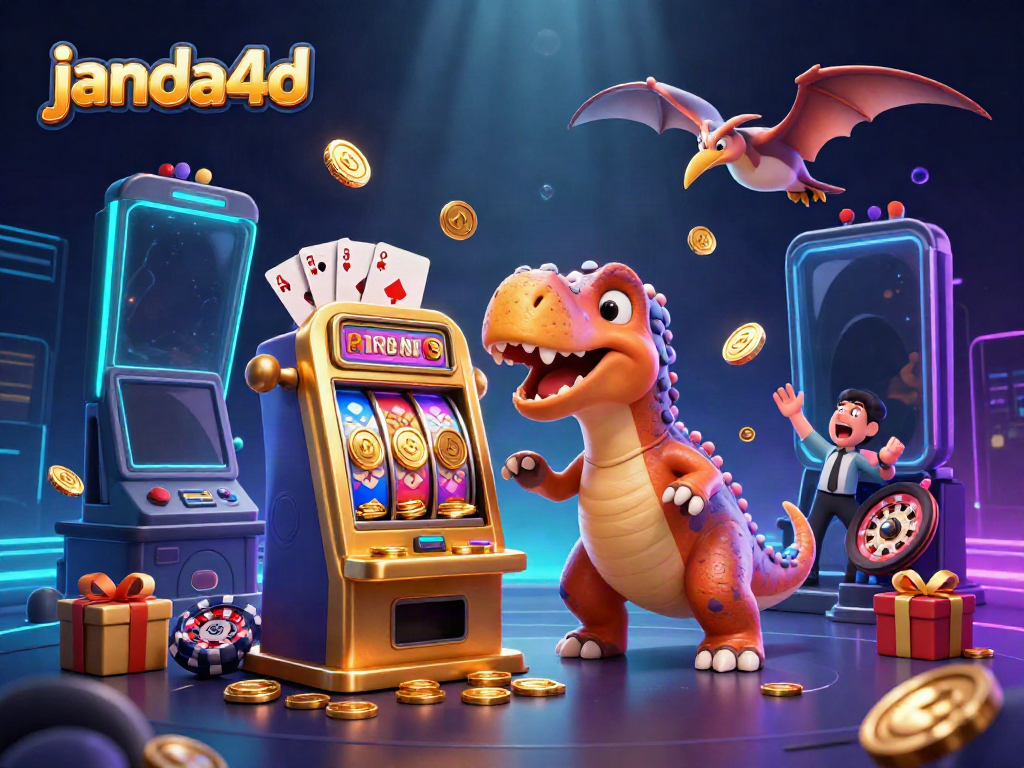 Slot jackpot janda4d dalam ilustrasi tiga dimensi penuh warna dengan dinosaur dan elemen kasino lainnya.