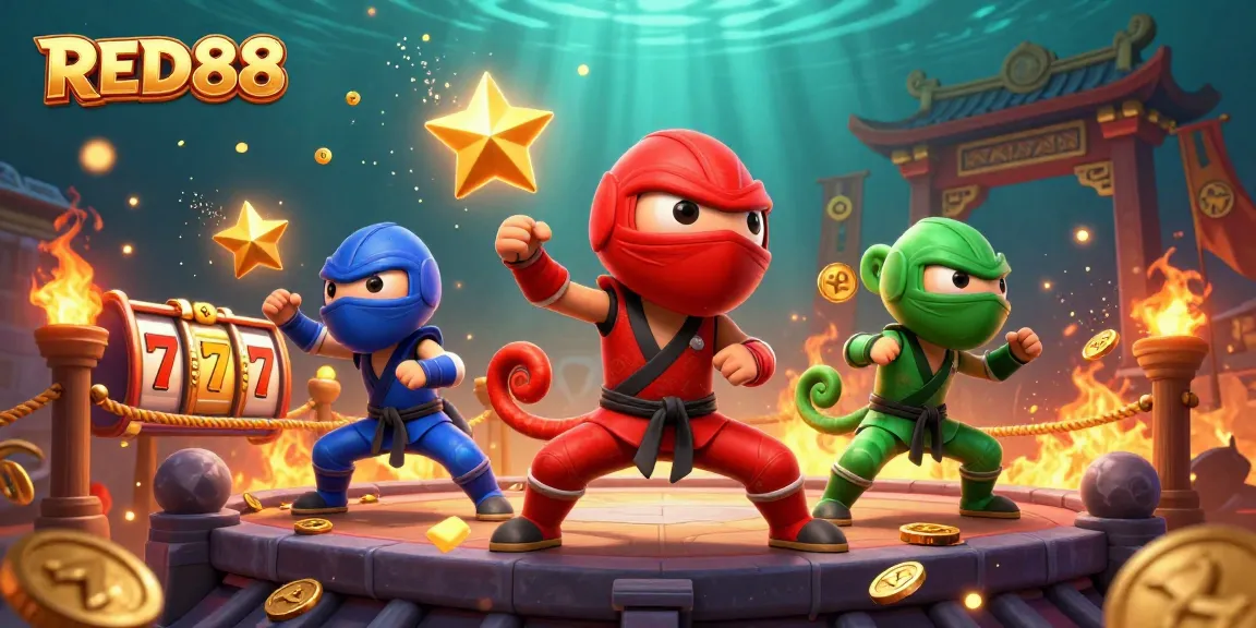 Join the exciting action at RED88 with chameleon ninjas amidst slot reels and golden coins.