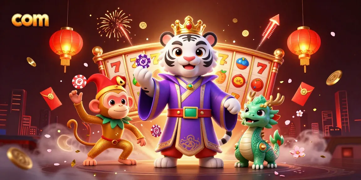 Engaging scene promoting com with a tiger, monkey, and dragon amidst vibrant casino elements.