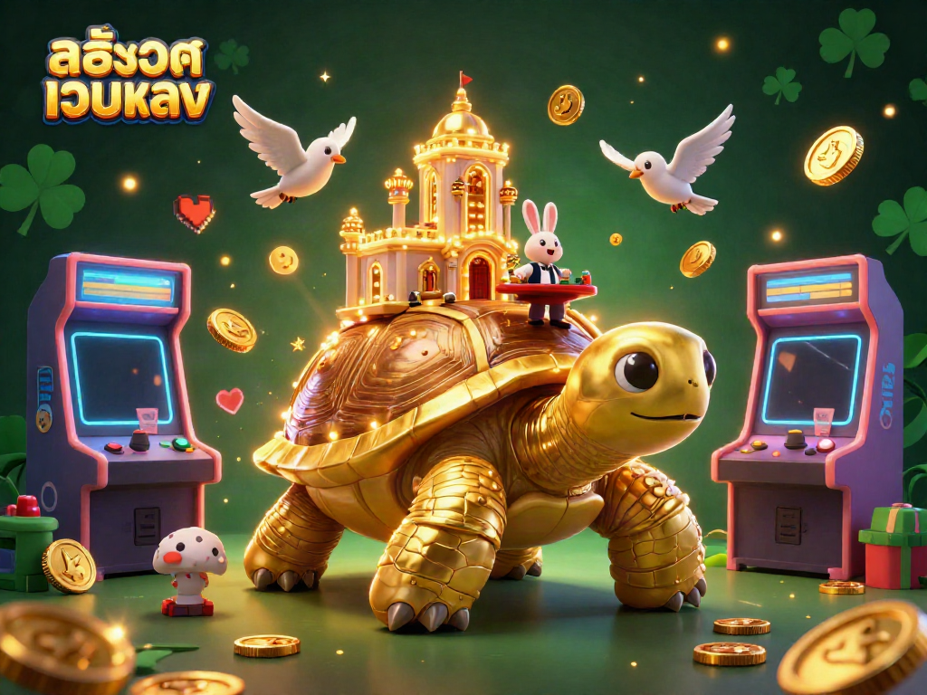 Experience the thrill of สล็อตเว็บตรง with vibrant 3D casino elements, showcasing a golden tortoise and rabbit dealer.