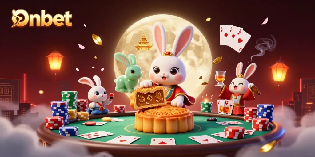 Engage with Onbet's vibrant casino world featuring a moon rabbit surrounded by poker elements.