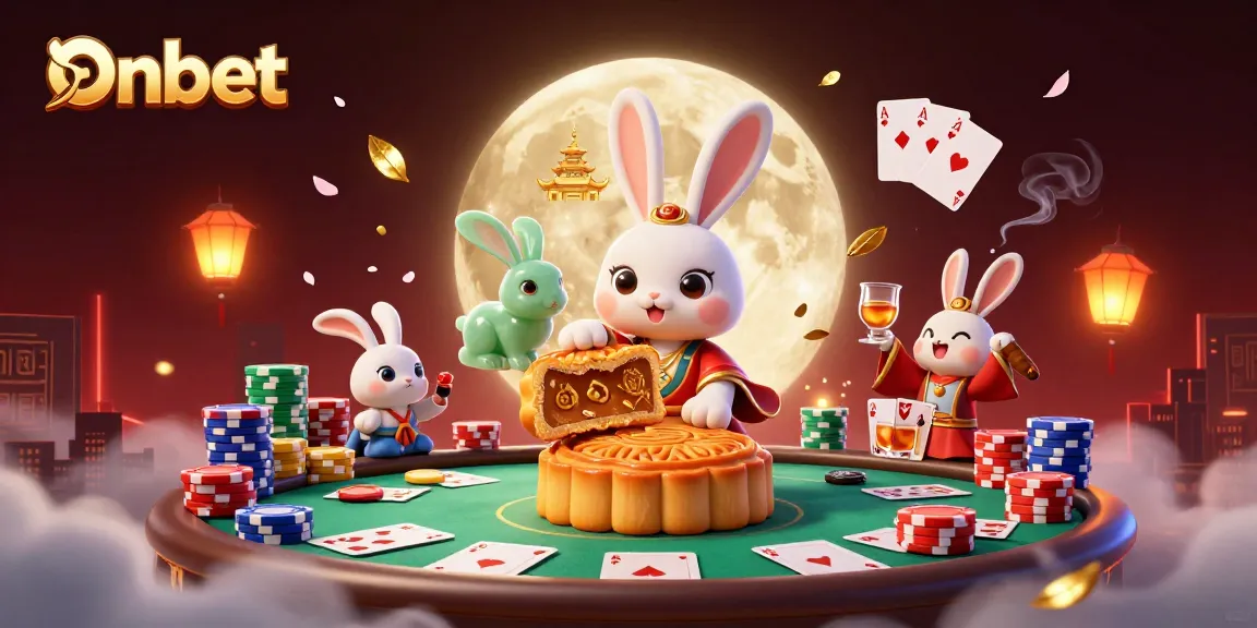 Engage with Onbet's vibrant casino world featuring a moon rabbit surrounded by poker elements.