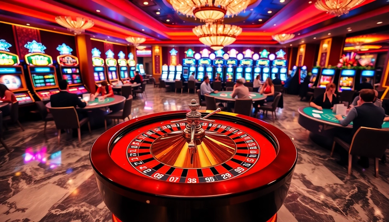 Engaging casino scene with MM88 branding, showcasing roulette, poker, and vibrant slot machines.