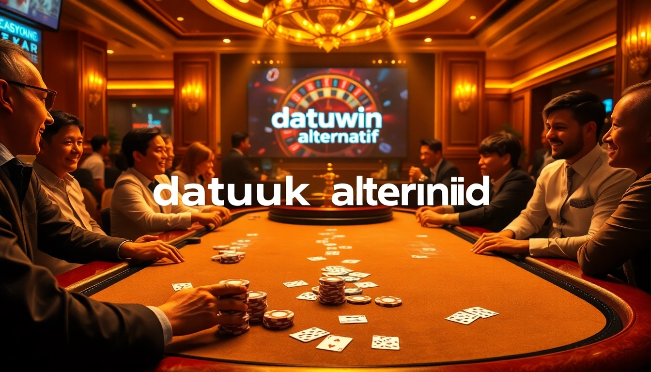 Adegan permainan yang memukau menggambarkan Datukwin Alternatif dengan aksi poker dan suasana kasino yang hidup.