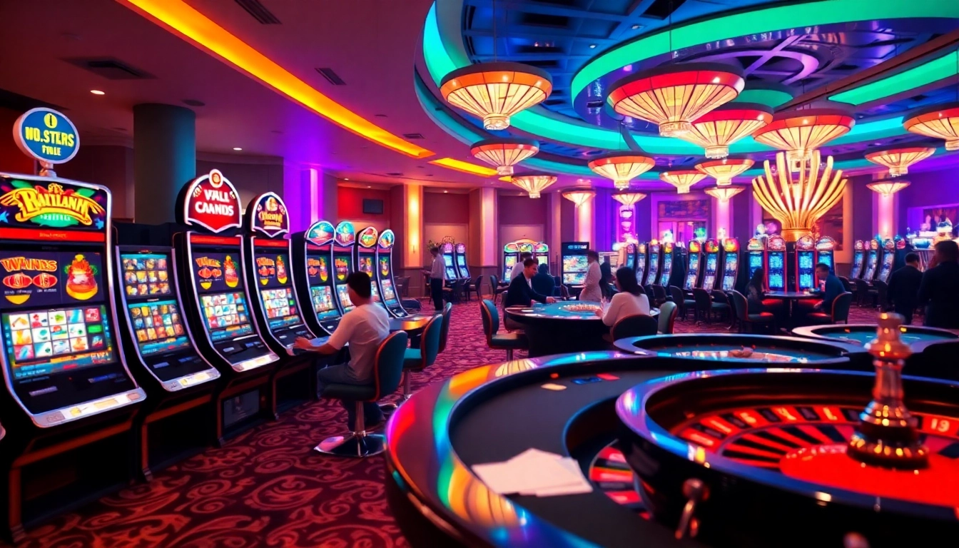 The qqmacan casino scene showcasing vibrant slot machines and engaging poker tables, capturing excitement and strategy in gambling.