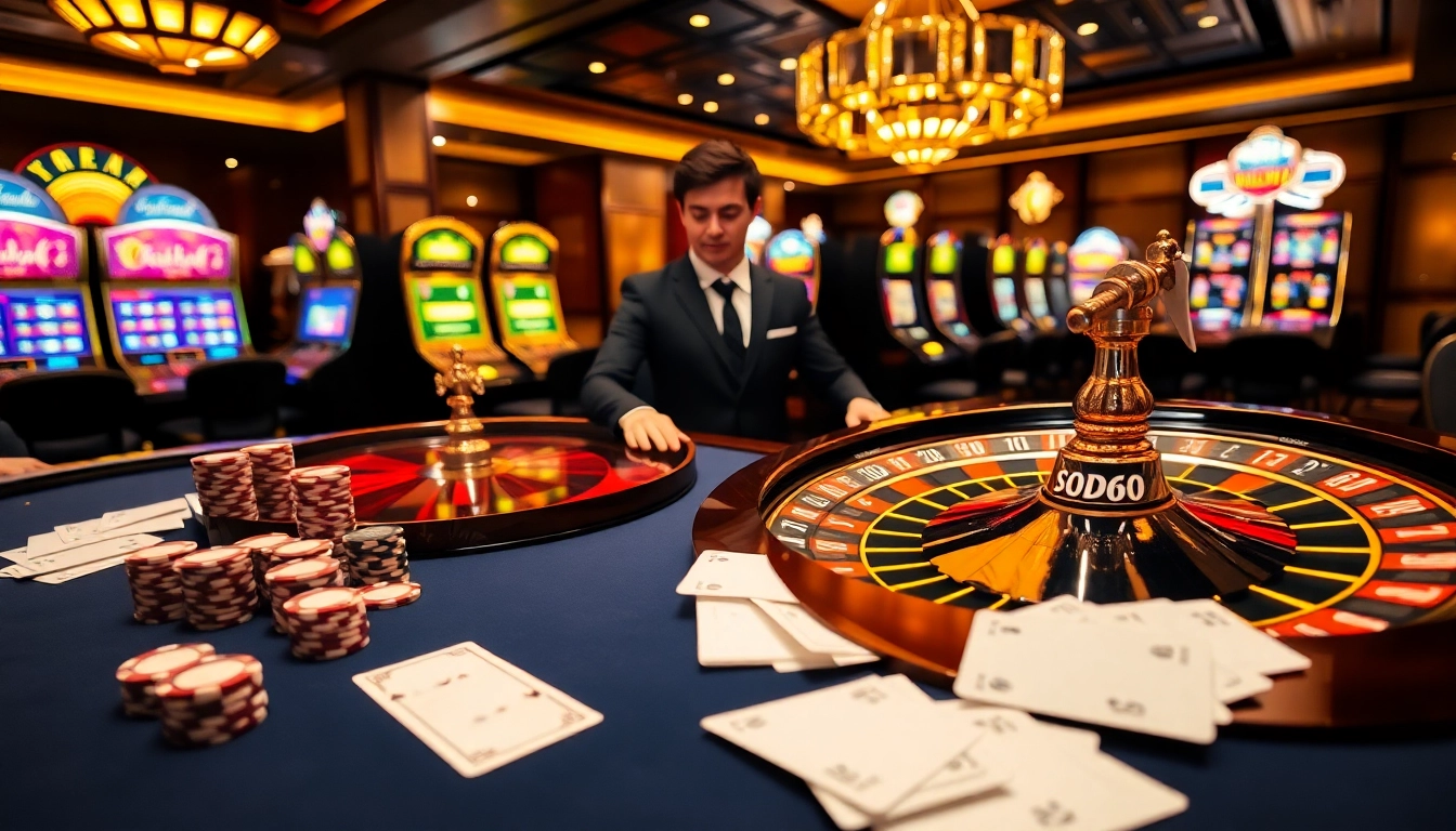 SODO66 casino features glamorous poker tables and roulette wheels, capturing thrilling gambling experiences.