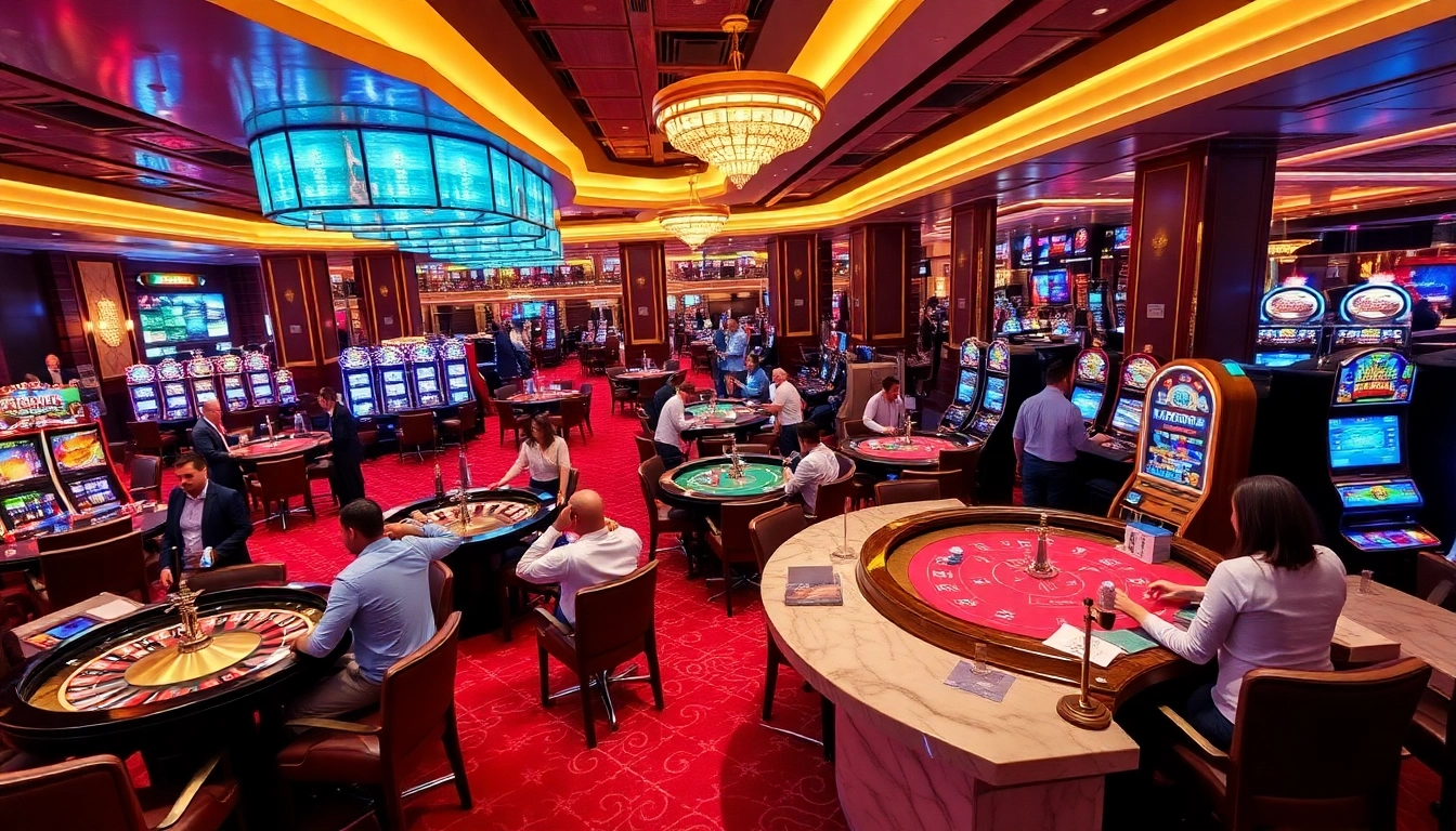 Experience thrilling gaming action at 789win com with players at casino tables and slot machines.