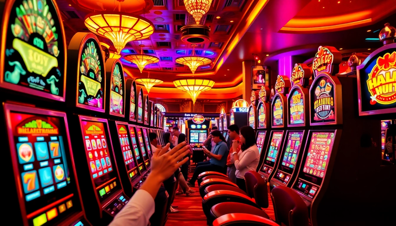 Experience the excitement of slot gacor hari ini with vibrant casino visuals showcasing players at slot machines.