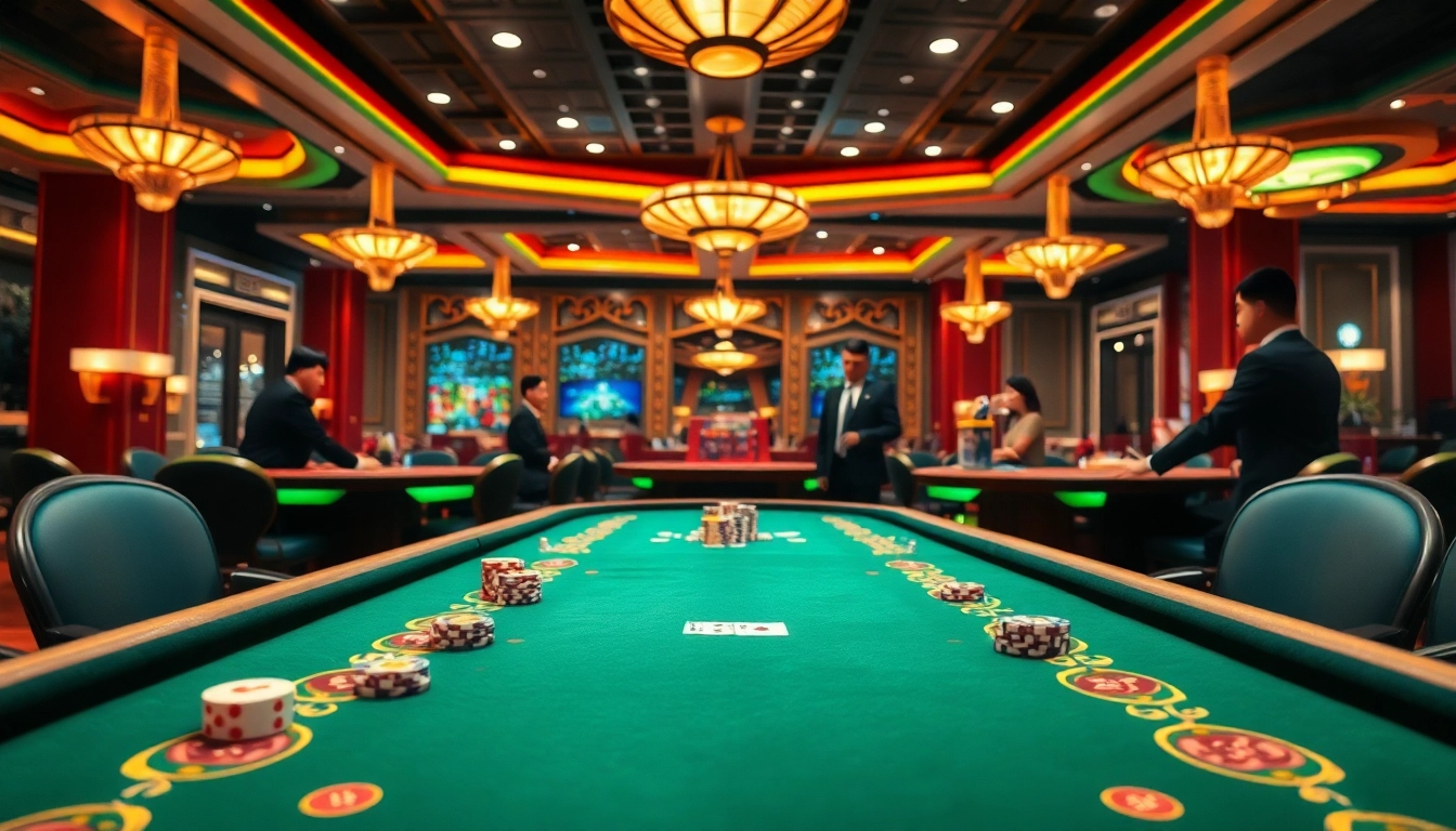 Engaging players at a luxurious togel china game table, showcasing poker chips and vibrant cards.