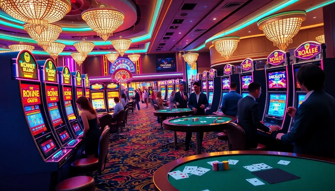 Dewaslot88 players enjoying a thrilling slot machine experience in a lively casino setting.