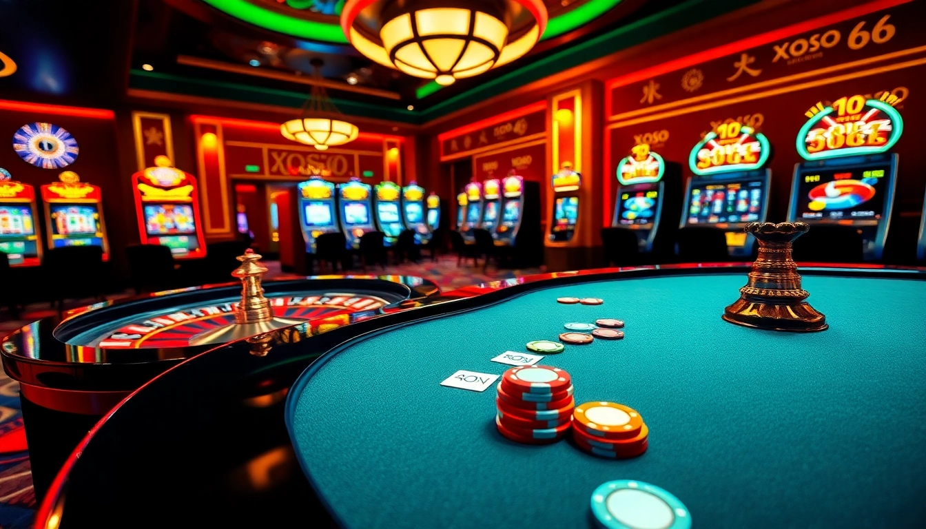 Experience the thrill of xoso66 with vibrant casino visuals featuring poker tables and slot machines.