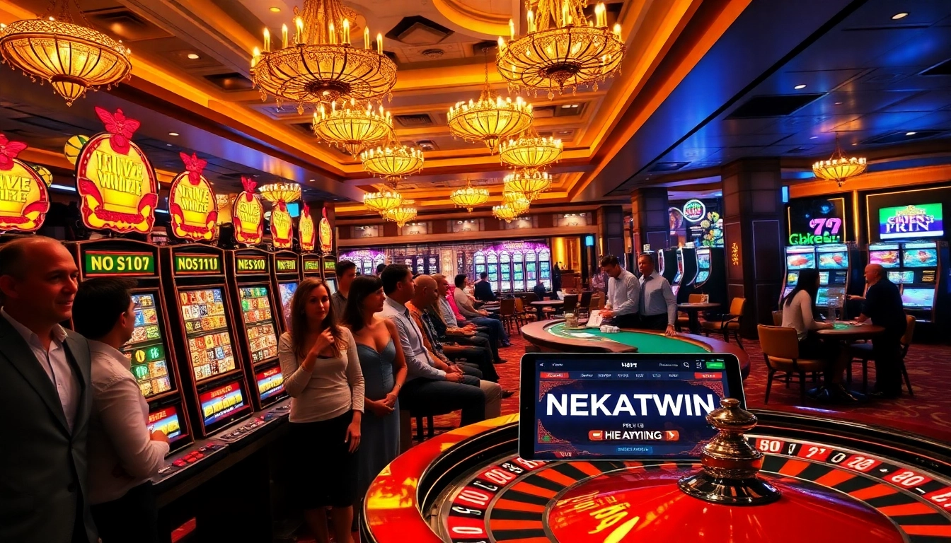 Players enjoying thrilling slot machines at https://nekatwin.com/, showcasing excitement and vibrant casino atmosphere.