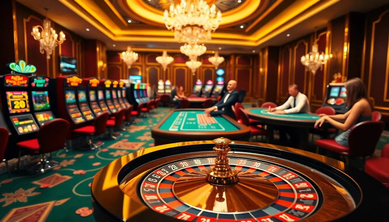 Players enjoying exciting casino games at rr88, surrounded by roulette tables and slot machines.