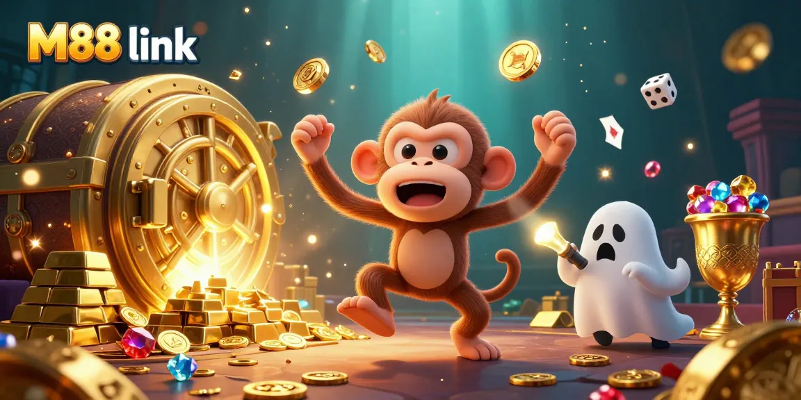 Engage with exciting gameplay at M88 link featuring a playful casino scene with gold treasures.