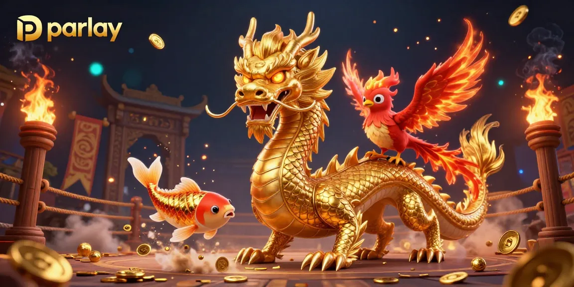 Engage in parlay betting with a dynamic 3D scene featuring a golden dragon, phoenix, and koi fish.