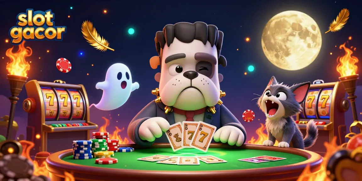 Experience the thrilling action of slot gacor as a cartoon bulldog dealer presides over a haunted casino table with whimsical characters.