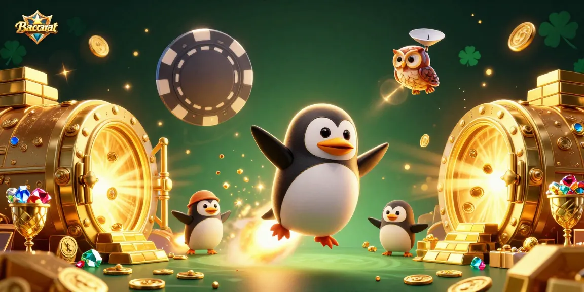 Baccarat game illustrated with a golden penguin sailing through a vibrant cosmic casino landscape.
