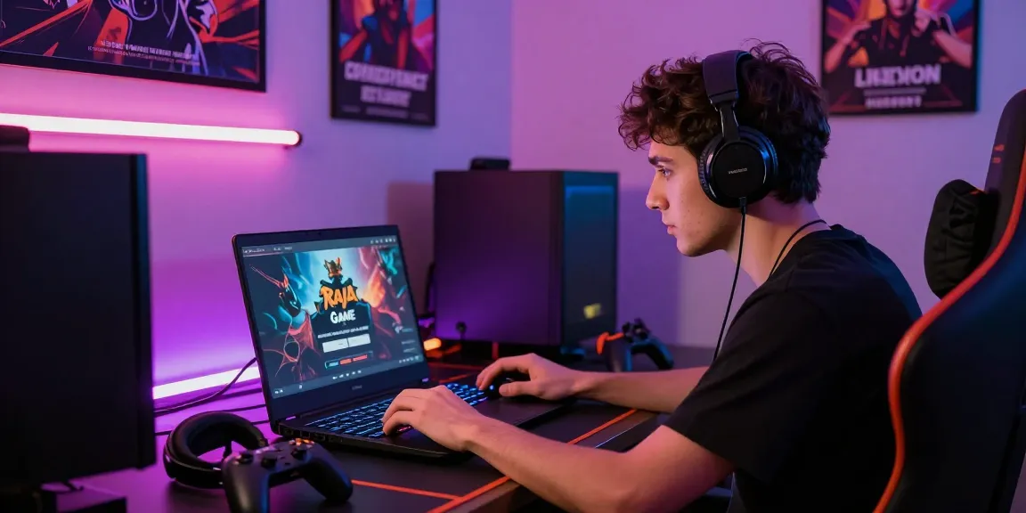 Engaged player using Raja Game login in a colorful gaming room filled with dynamic elements.