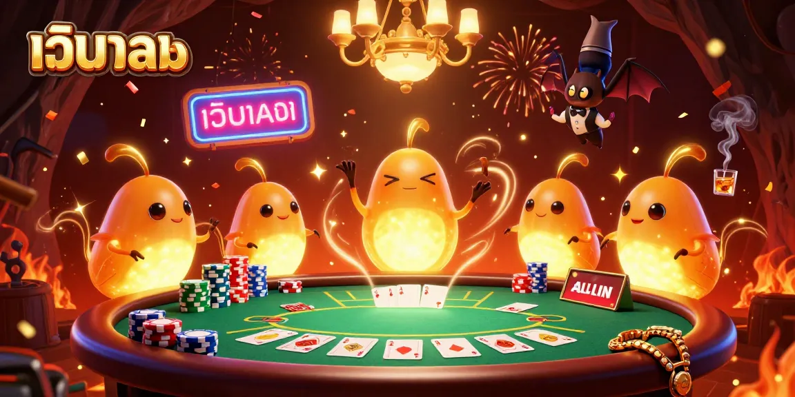 Experience captivating เว็บบอล action with glowworms lighting a lively poker game, showcasing colorful chips and winning cards.