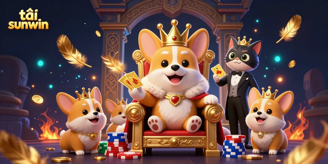 Engage with the vibrant scene of tải sunwin featuring a royal corgi and dynamic gaming elements.