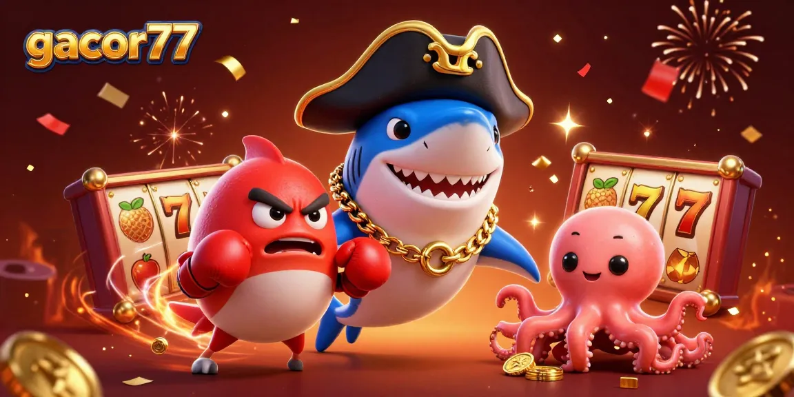 Gacor77 memberikan slot menguntungkan dengan simbol keberuntungan serta karakter lucu di tengah perayaan kasino.