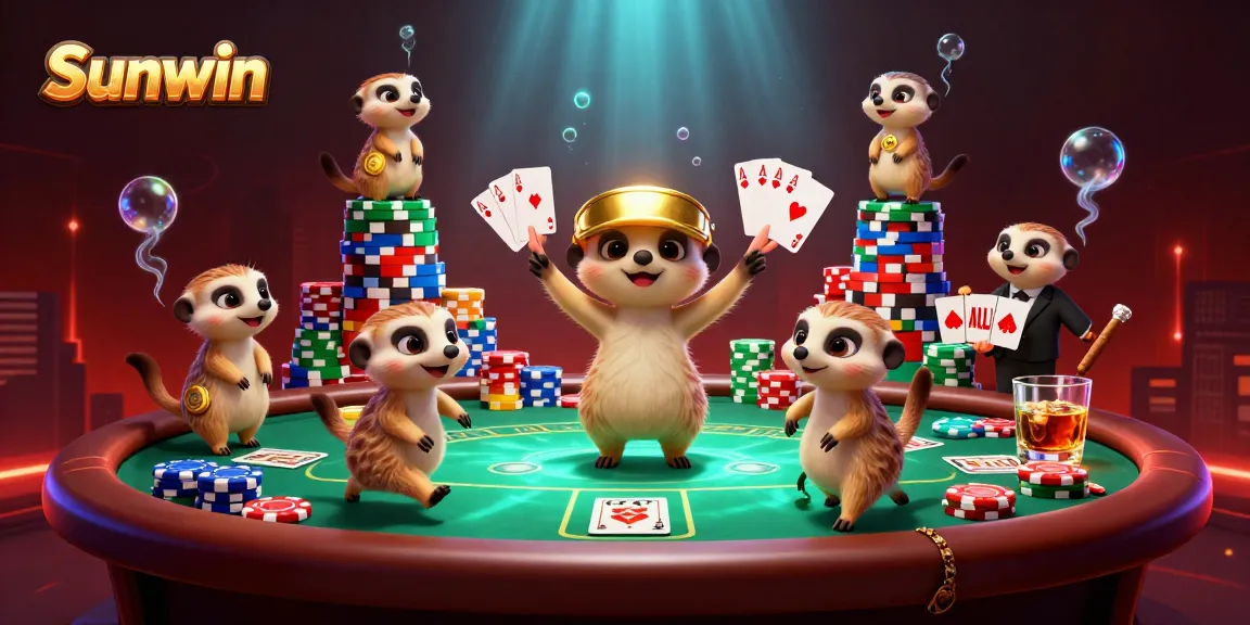 Sunwin meerkats orchestrating a vibrant casino scene with poker chips and glimmering cards.