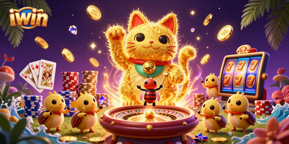 Experience the excitement of iwin with a vibrant 3D lucky cat gaming scene packed with casino symbols.