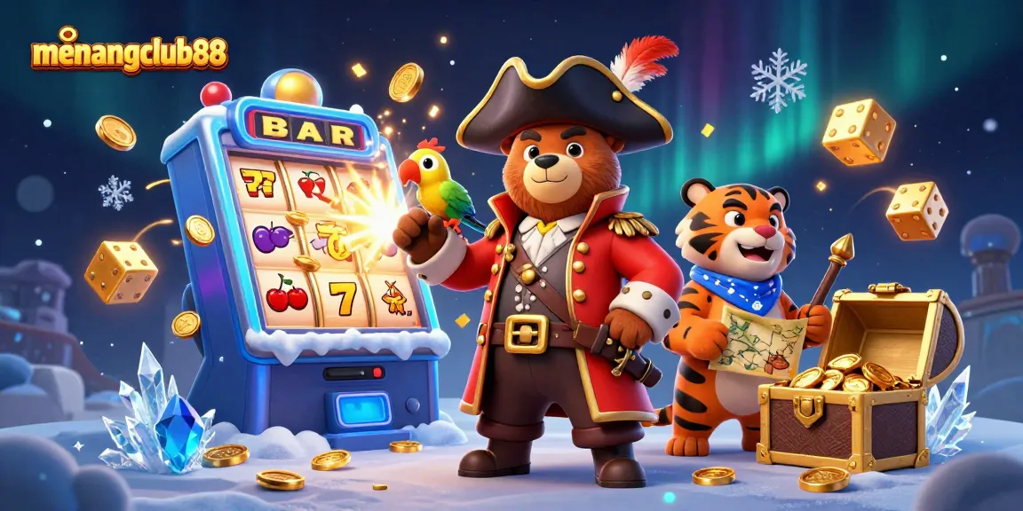 Menangclub88's vibrant 3D illustration captures a pirate scene filled with casino excitement, featuring characters and jackpot elements.